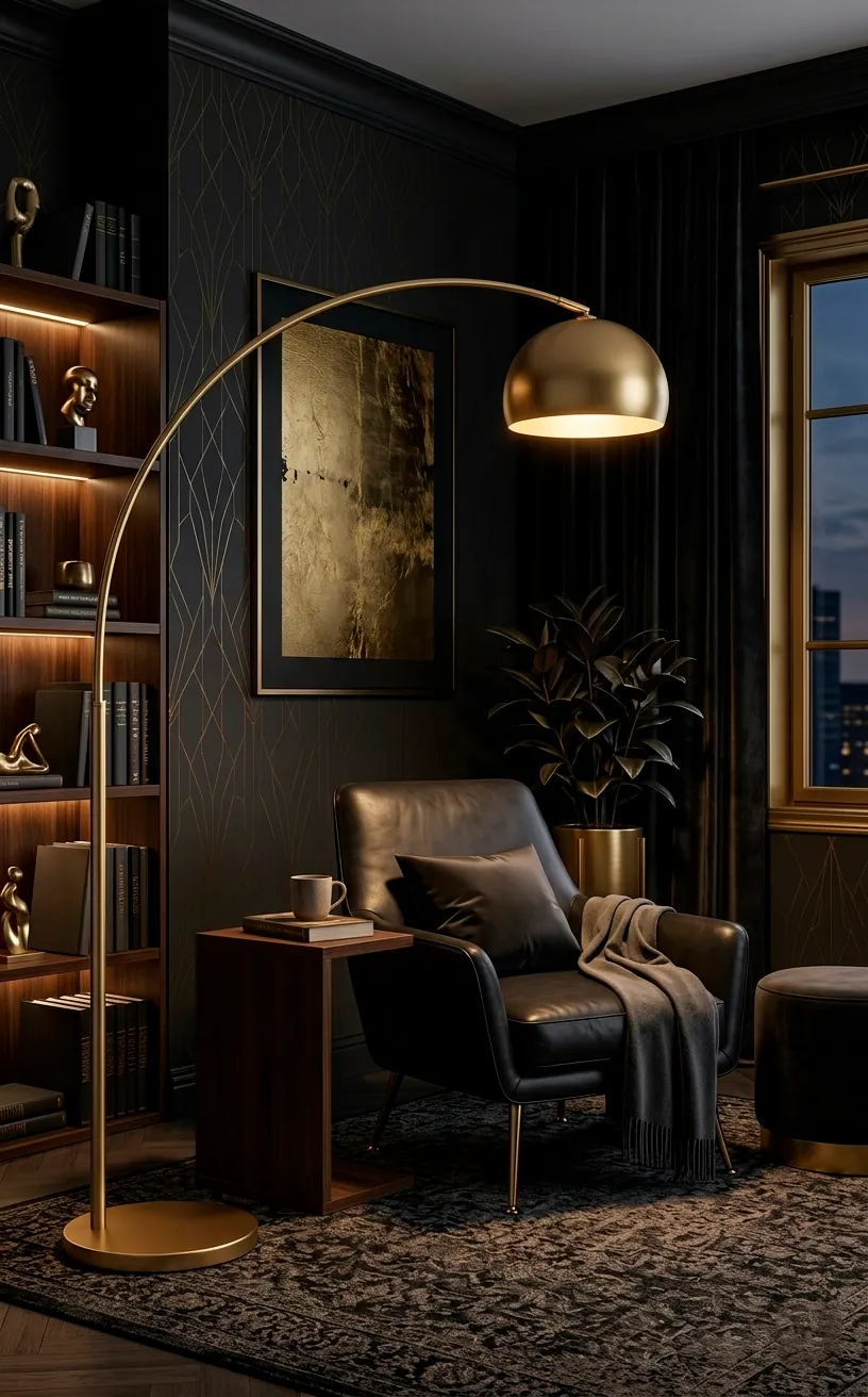 Modern gold arc floor lamp next to a black armchair in a moody living room setting.