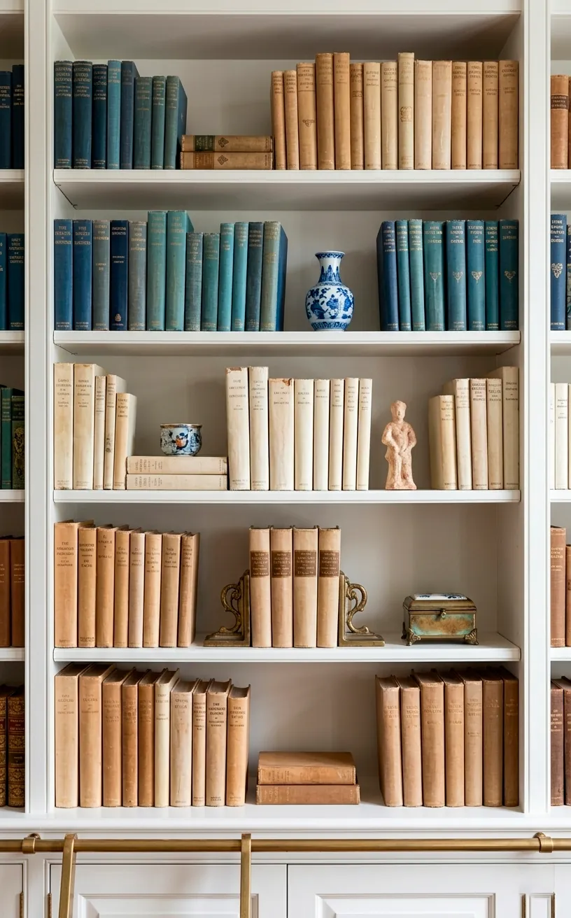 Curated bookshelf with vintage blue books and antique ceramic decorations.