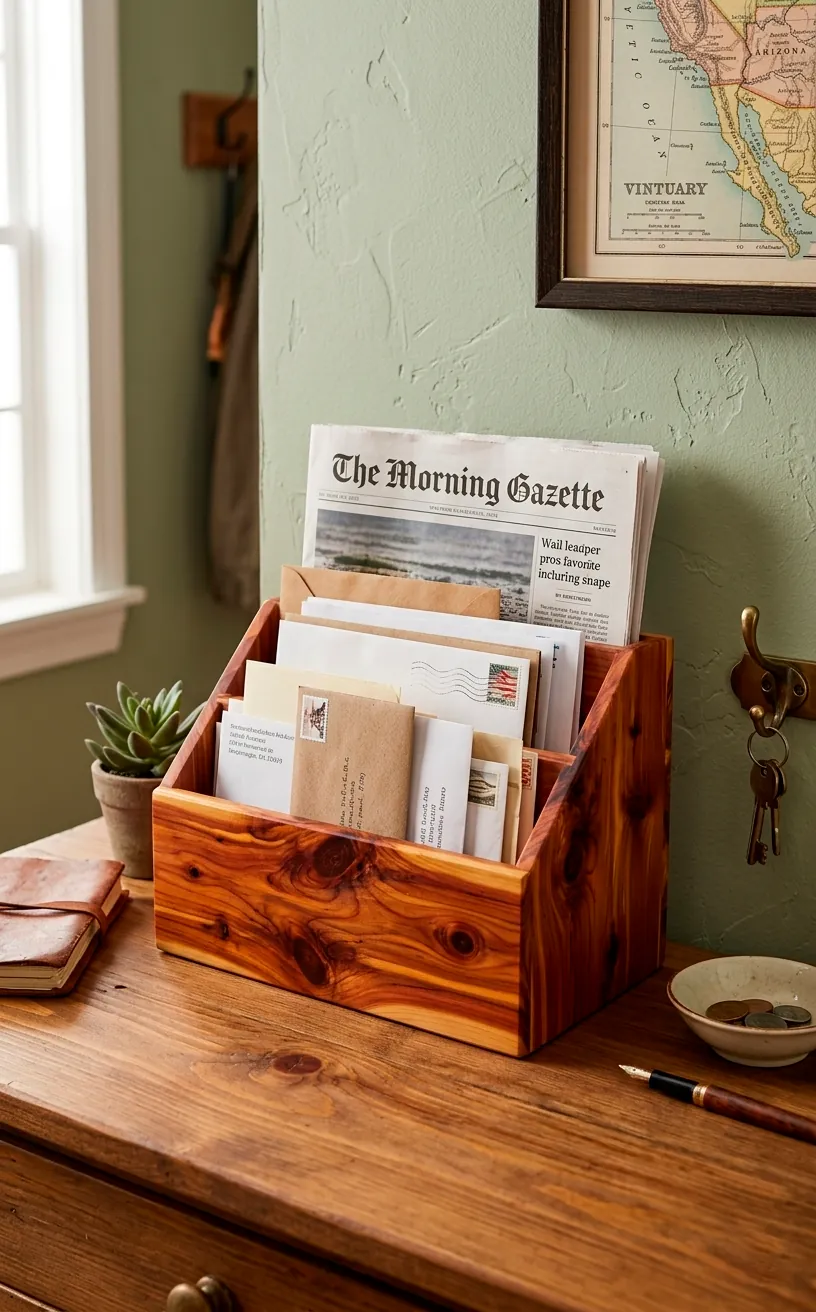 A handcrafted cedar mail box organizer on a foyer console table.