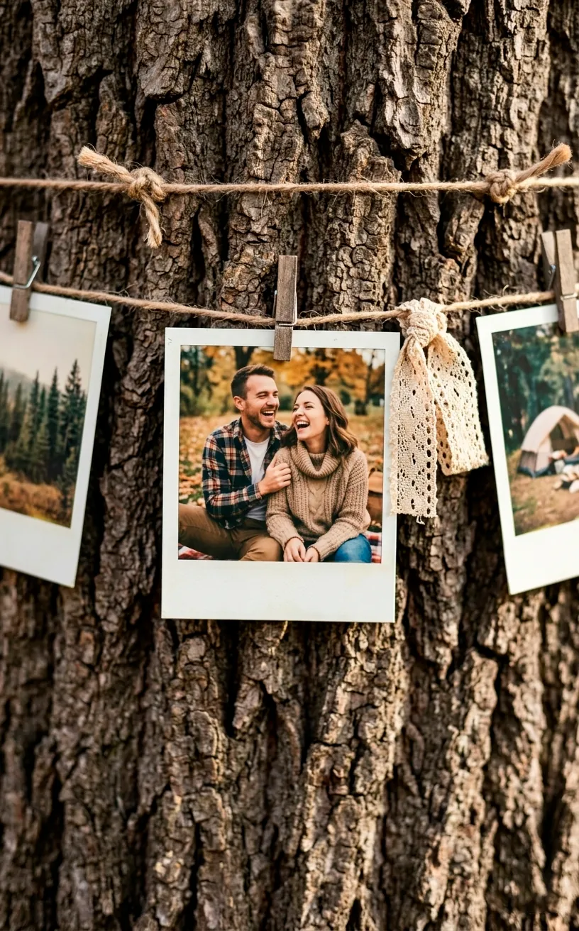 Close-up of polaroid photos and lace hanging from twine on a tree trunk.