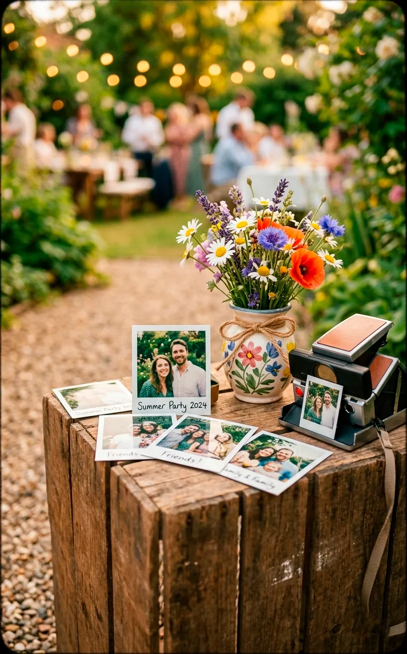 Vintage camera station with Polaroid photos and wildflowers on a wooden crate.