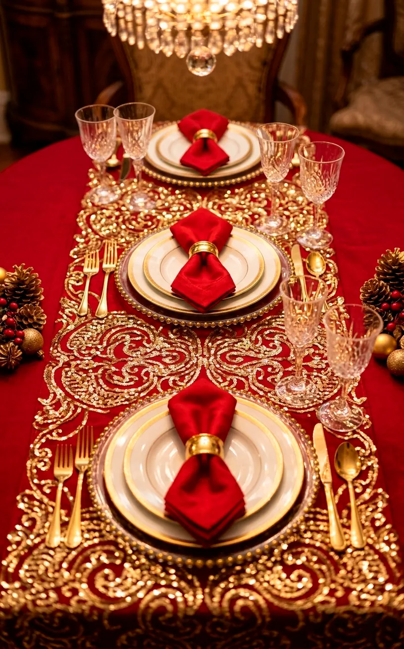 Crimson table runner with gold sequin patterns and elegant table setting.