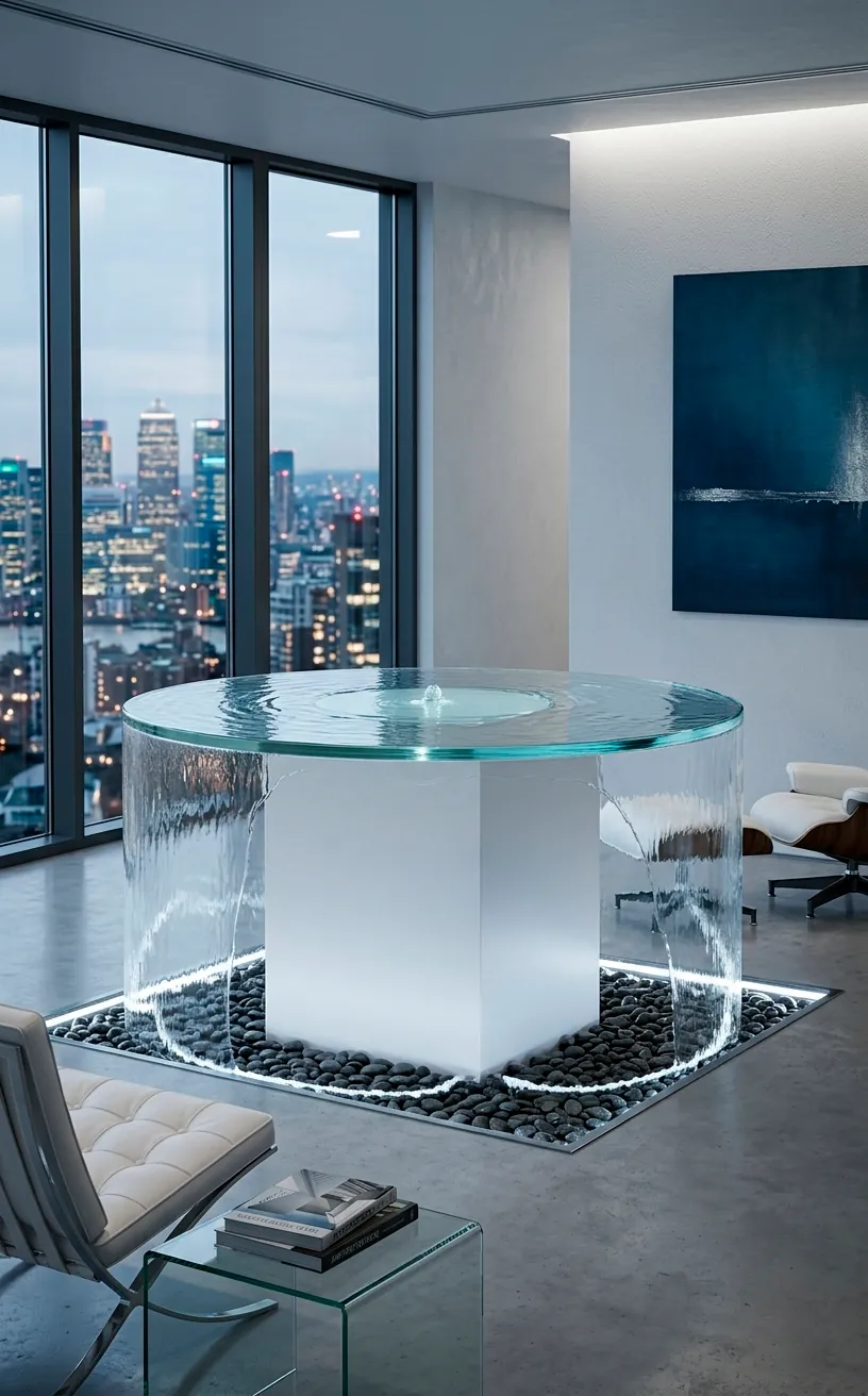 Ultra-modern floating glass disc water feature with seamless water flow in a high-end office.