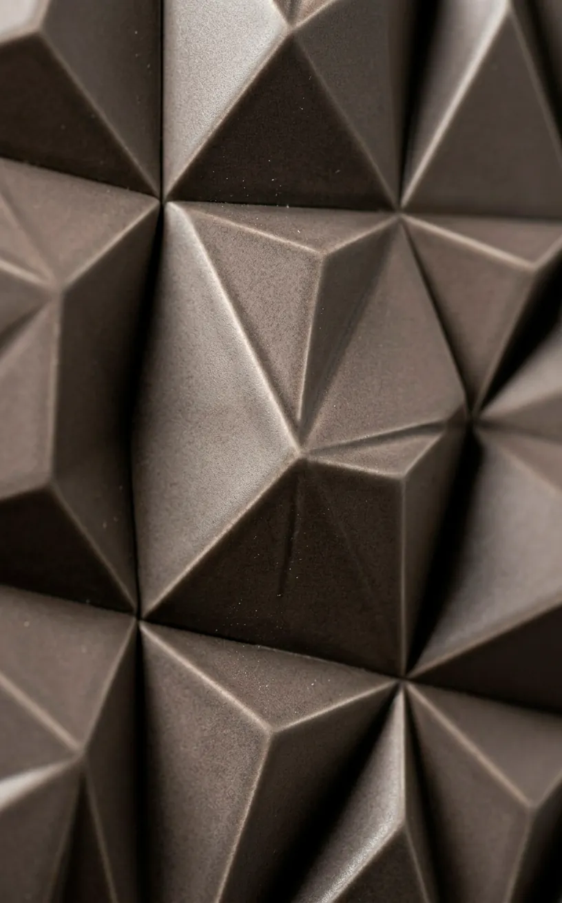 Detail of raised 3D geometric wall tiles showing matte texture and shadows.