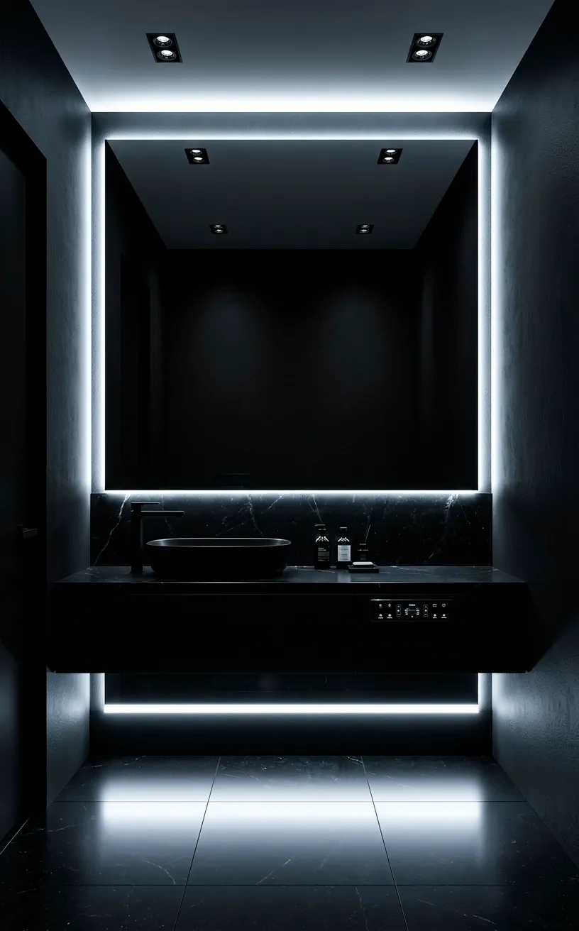 Black powder room with integrated LED under-glow lighting.