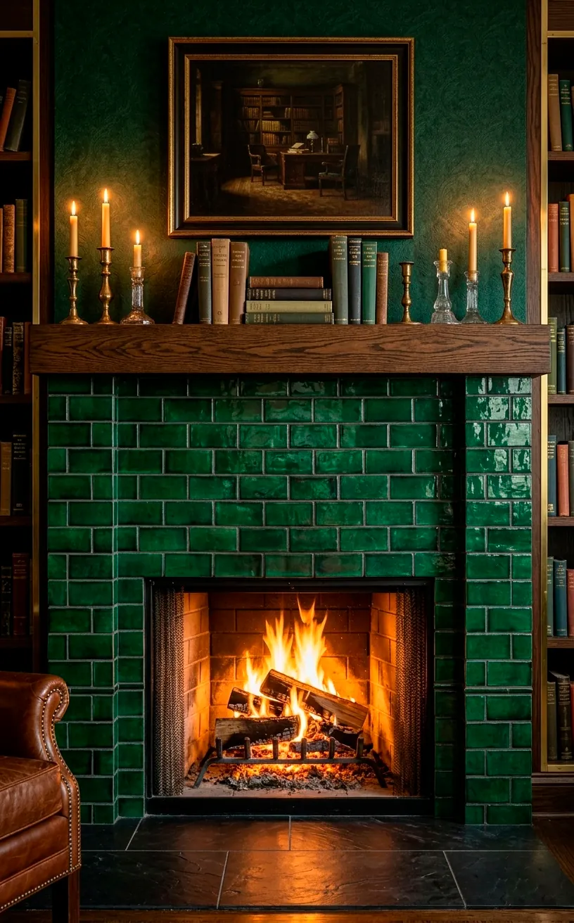Emerald green subway tile fireplace surround in a cozy home library.