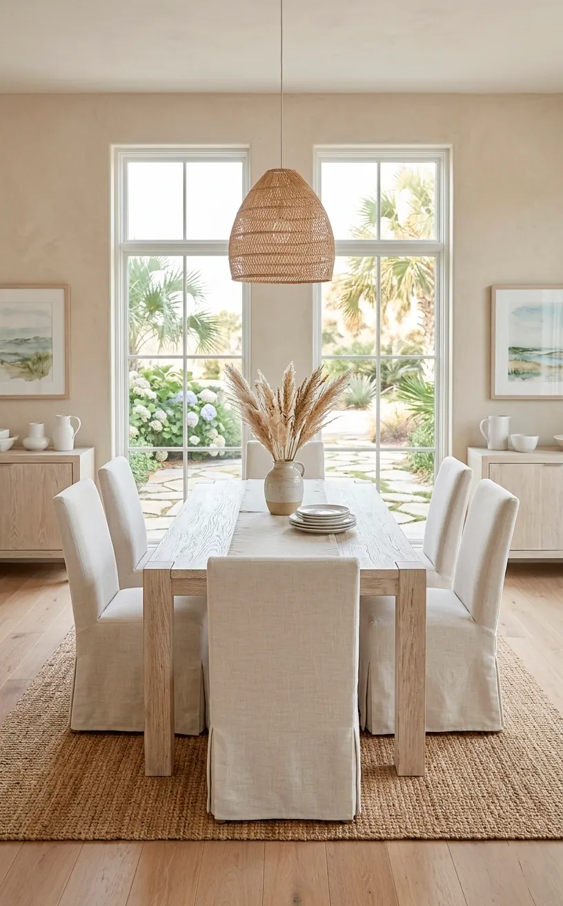 Airy sand-colored dining room with linen chairs and bleached wood table.