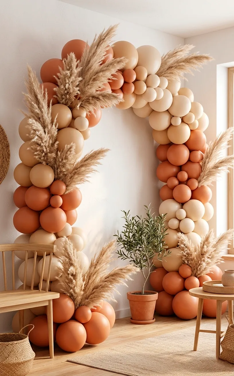 Boho balloon arch with terracotta tones and fluffy pampas grass plumes.