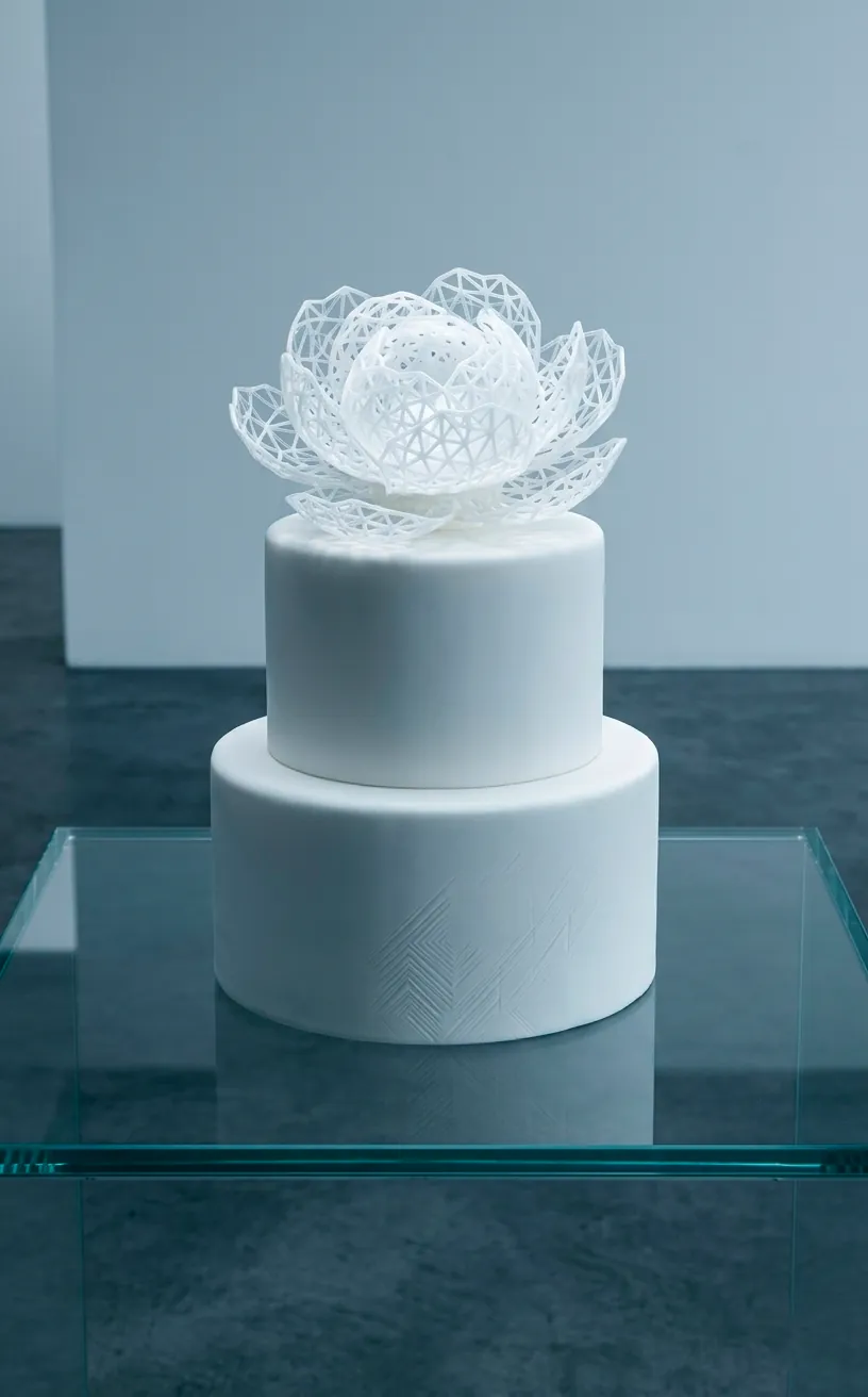 3D printed abstract resin floral sculpture used as a wedding cake topper.