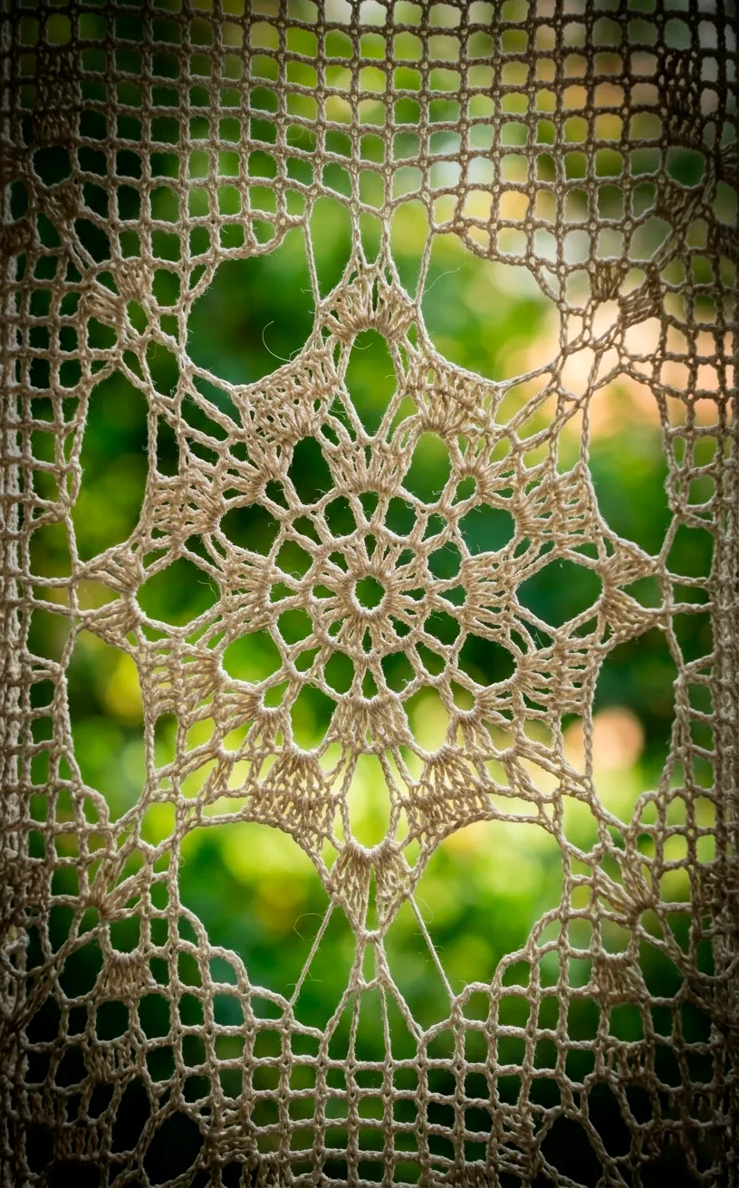 Detailed view of crochet curtain patterns with soft sunlight and blurred garden view.