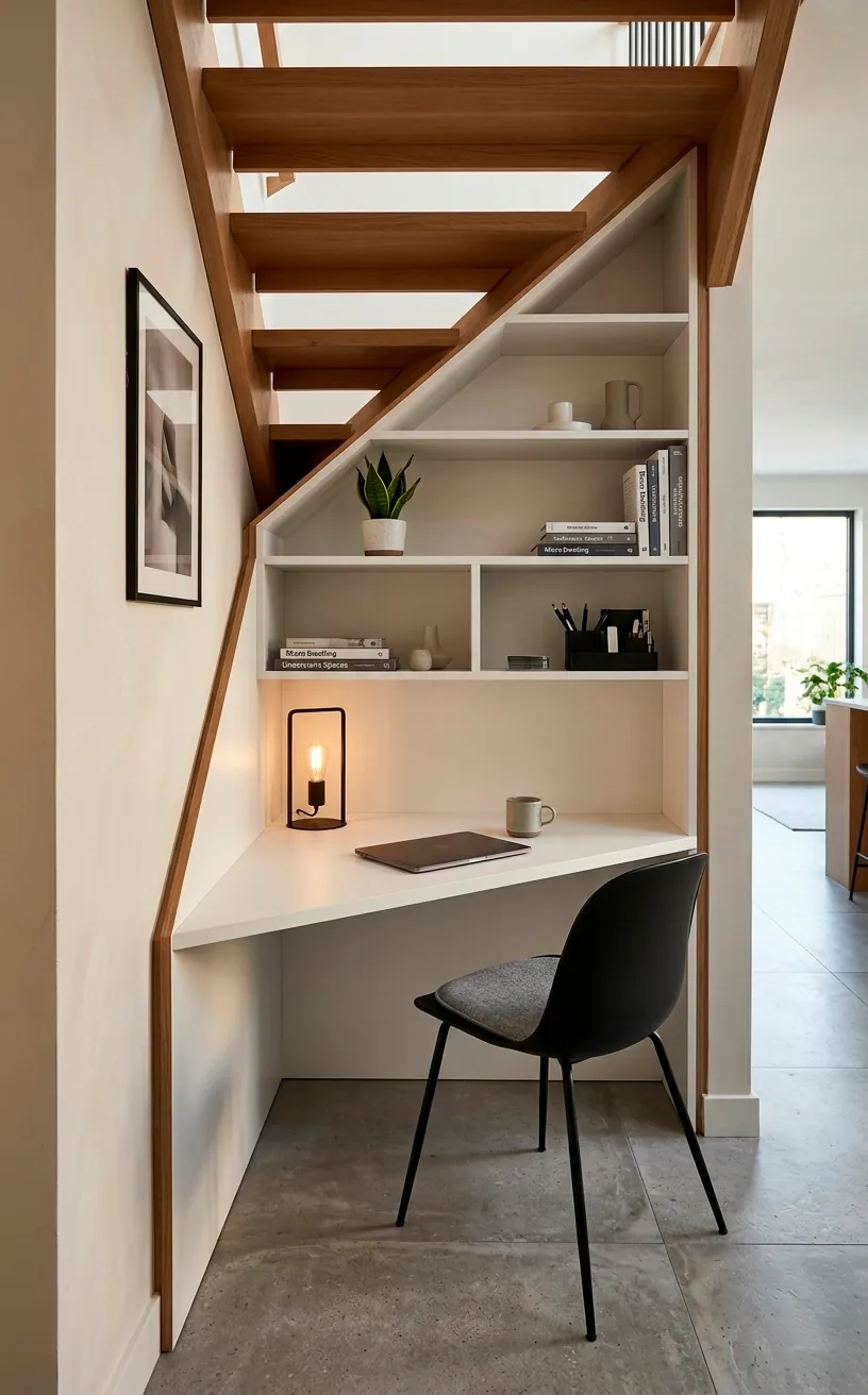 Custom desk and shelving built into the triangular space under a modern staircase.
