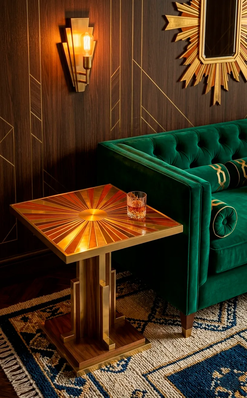 Art deco side table with a gold and burnt orange sunburst pattern on top.