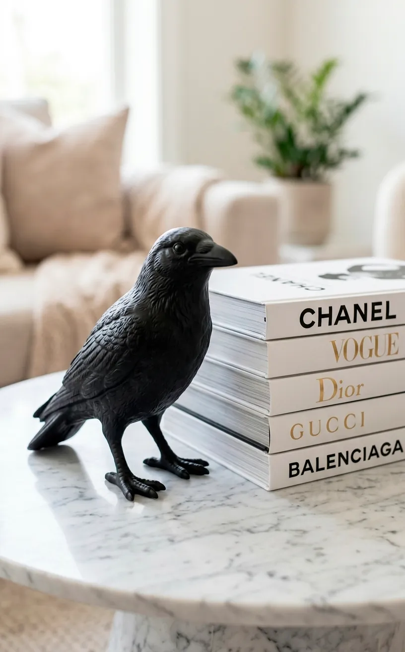 Close up of a black porcelain raven statue next to white books on a marble table