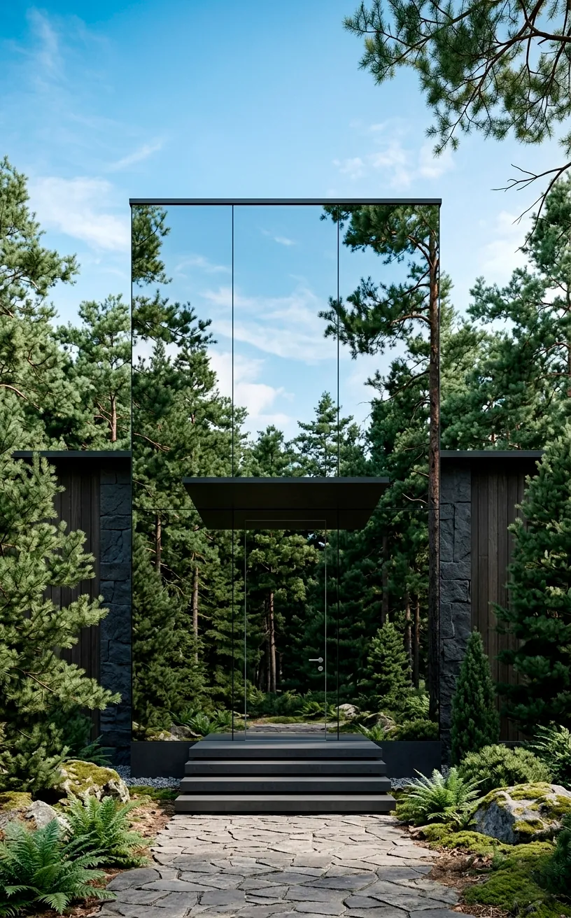 Mirrored glass house entrance reflecting a forest landscape during the day.