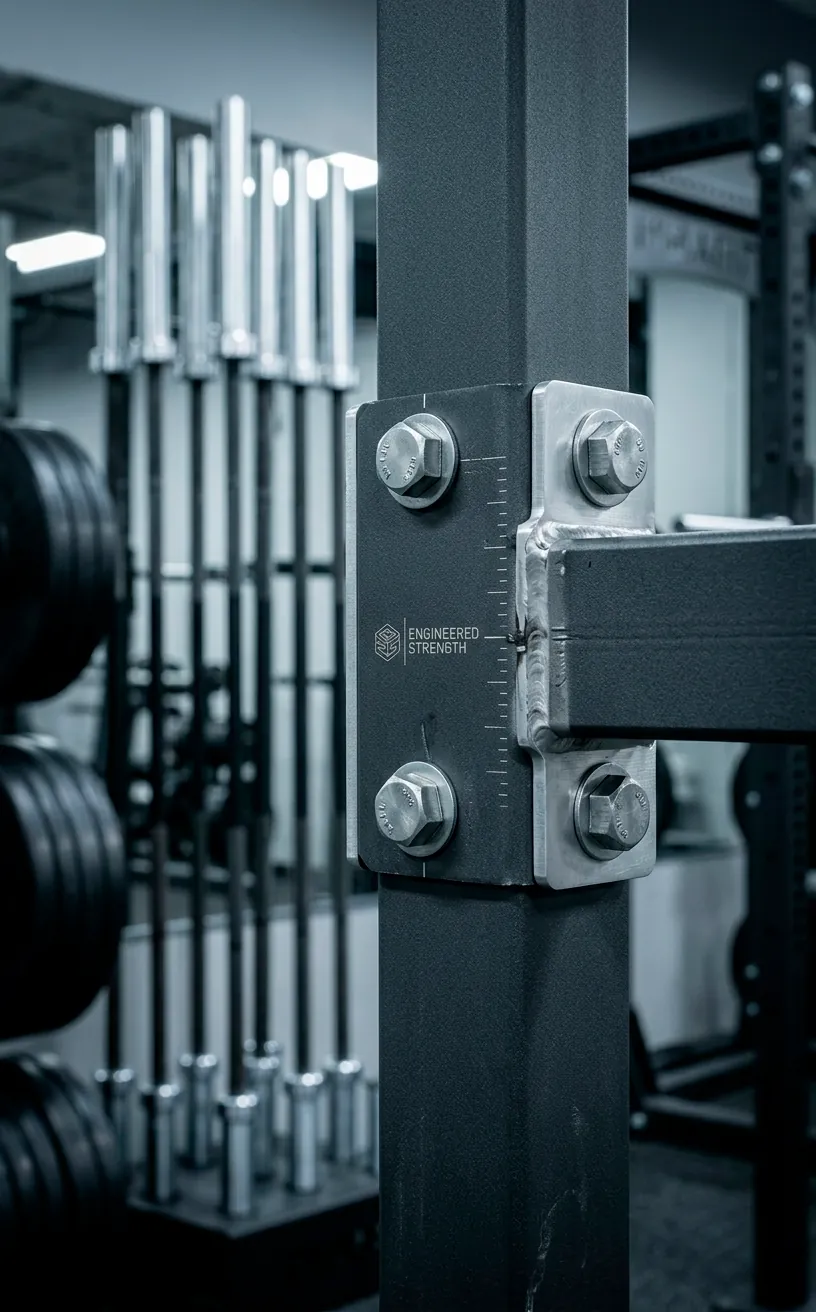 Technical detail of a graphite gym rack with aluminum hardware accents.