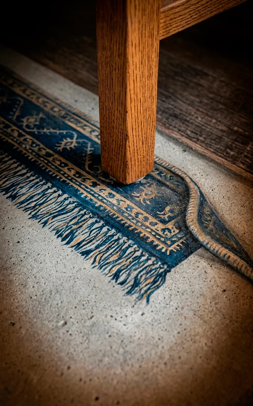 Close-up of painted faux fringe on a concrete patio floor rug design.