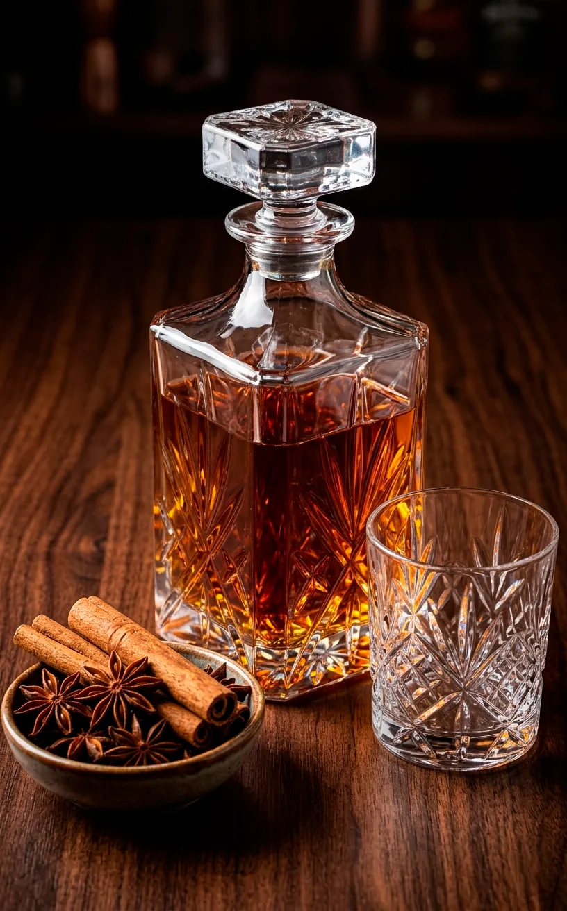 Glass decanter and crystal glass with spices on a dark wood bar.