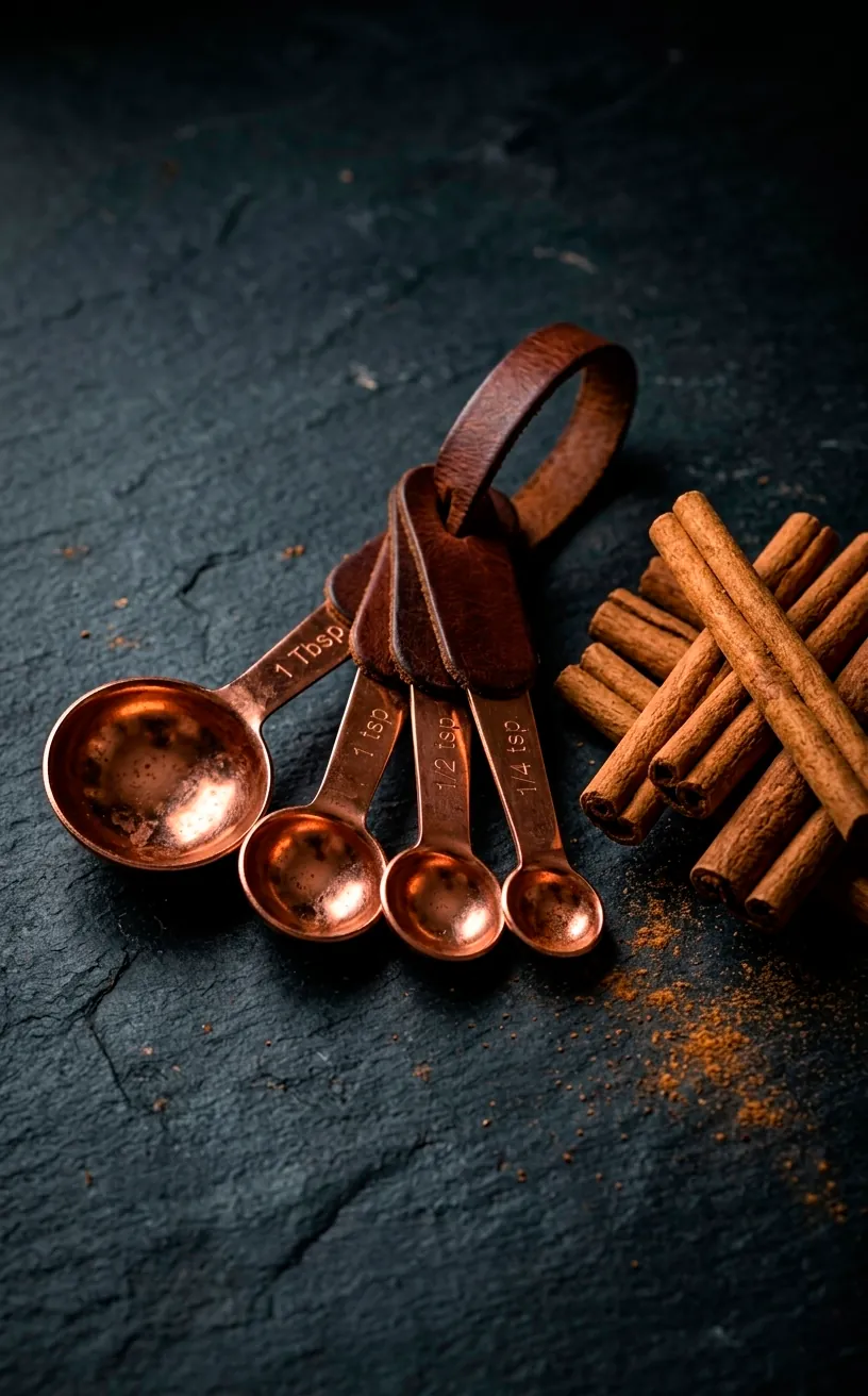 Copper measuring spoons on a dark countertop with cinnamon sticks for a winter theme.