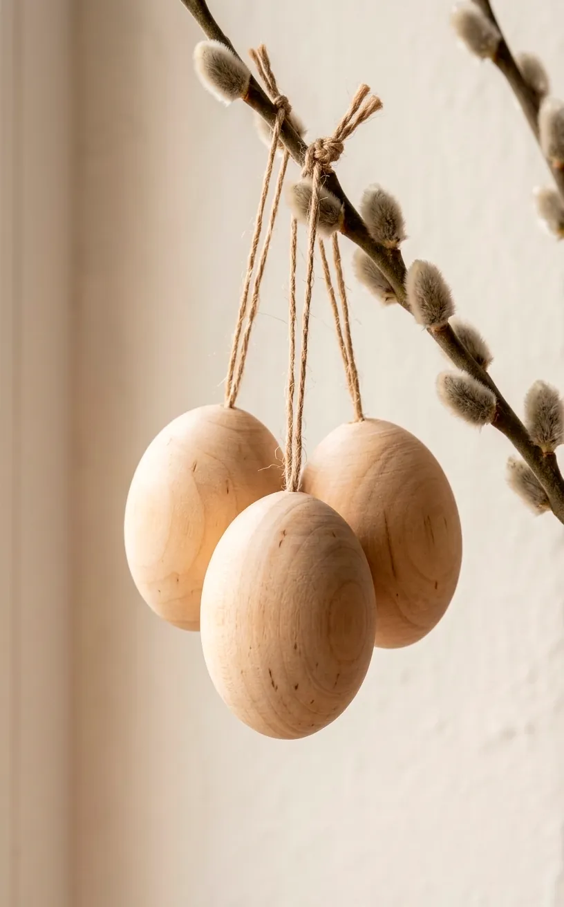 Close-up of wooden Easter egg ornaments hanging on a pussy willow branch with natural textures.