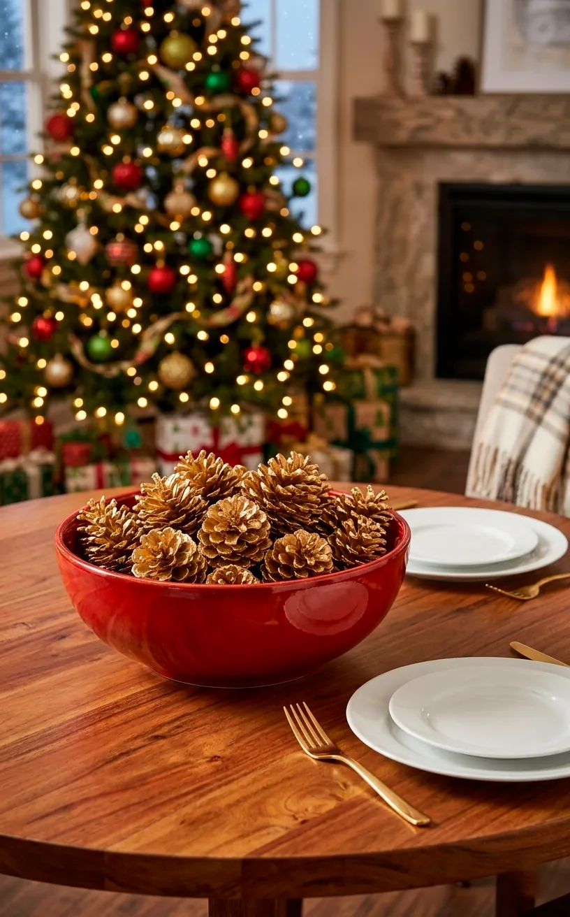 Glossy red bowl filled with gold spray-painted pinecones on a round wooden table.