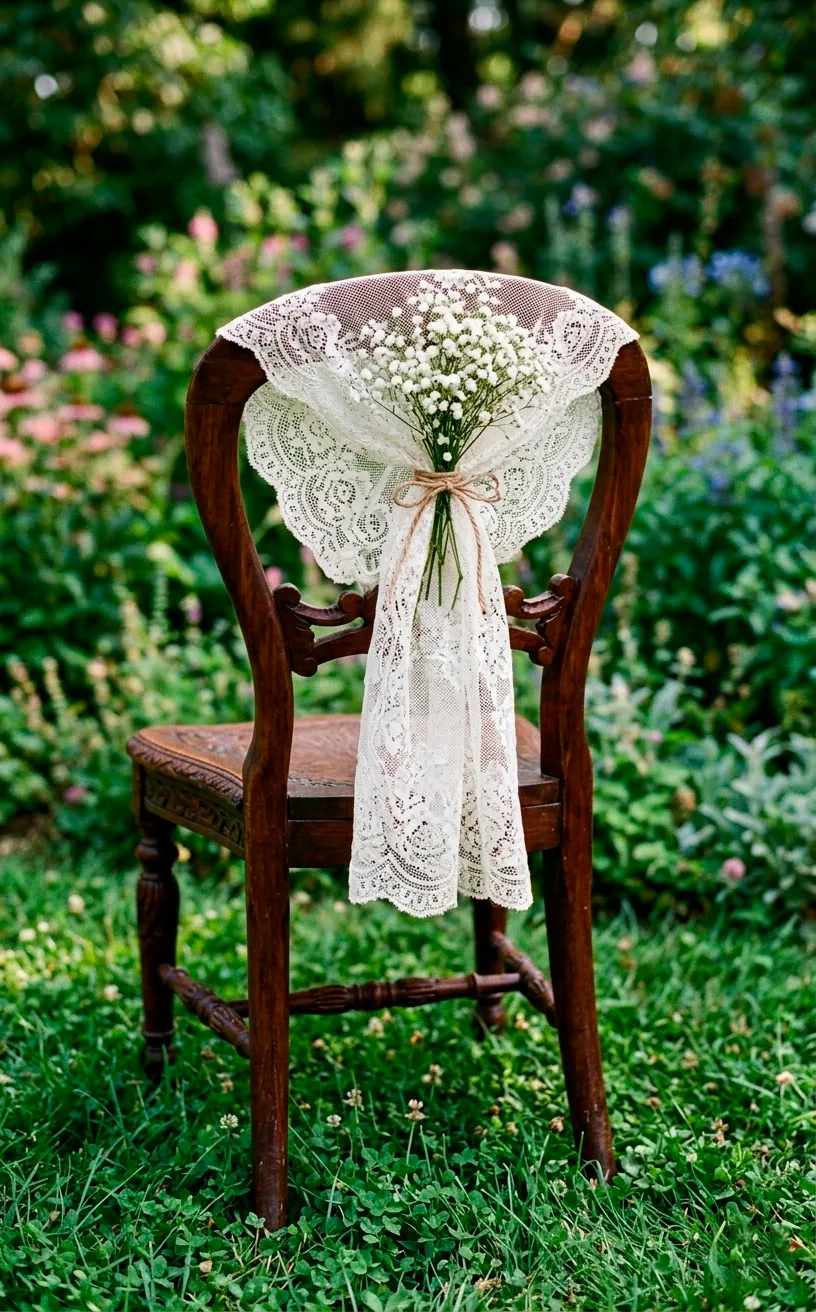 Close-up of a vintage wedding chair decorated with lace and baby's breath flowers.
