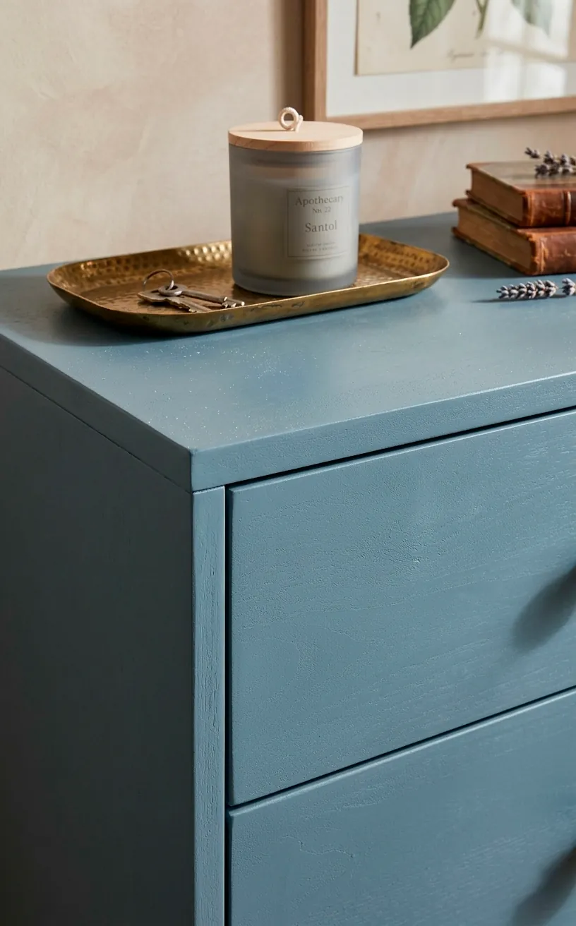 Close-up detail of a matte dusty blue dresser surface with brass decor.