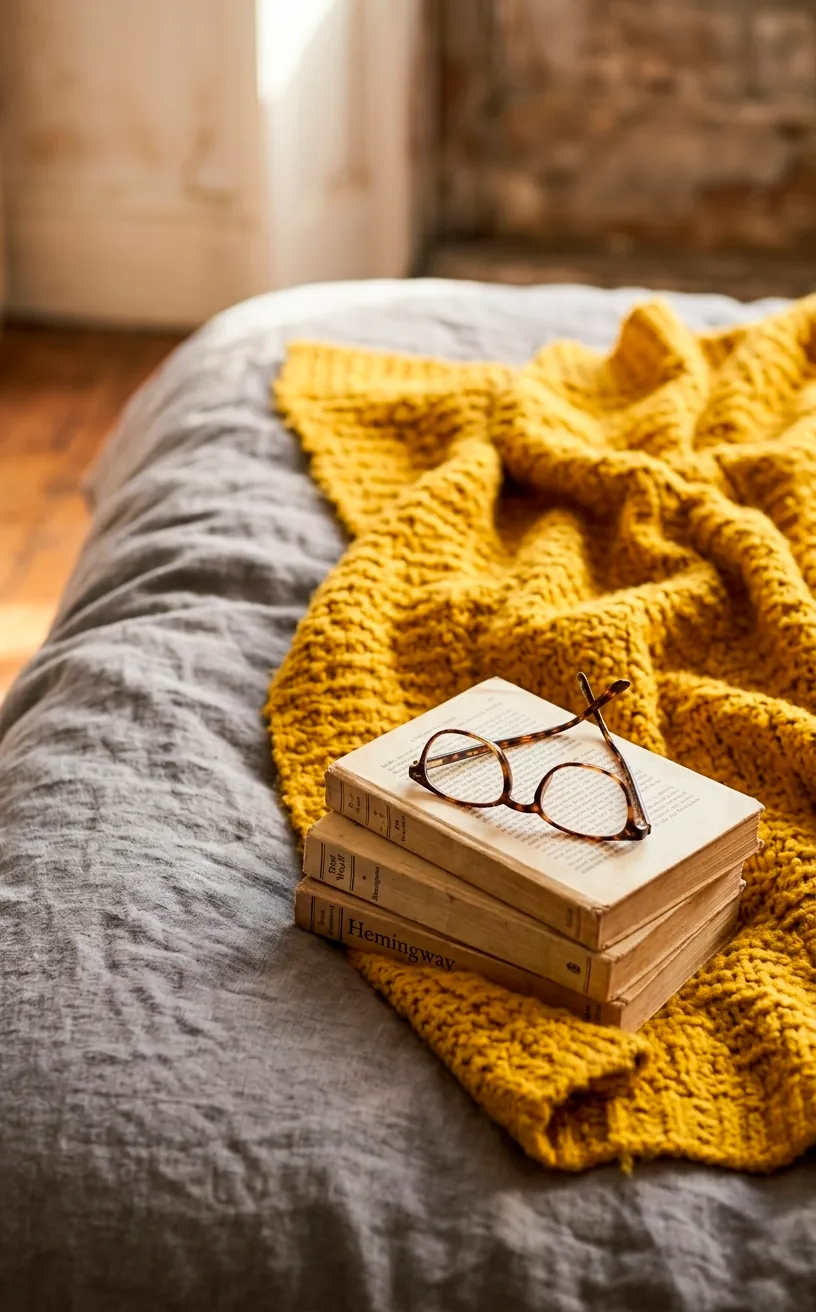 Close-up of a mustard yellow wool throw and grey linen bedding with books in a sunny bedroom.