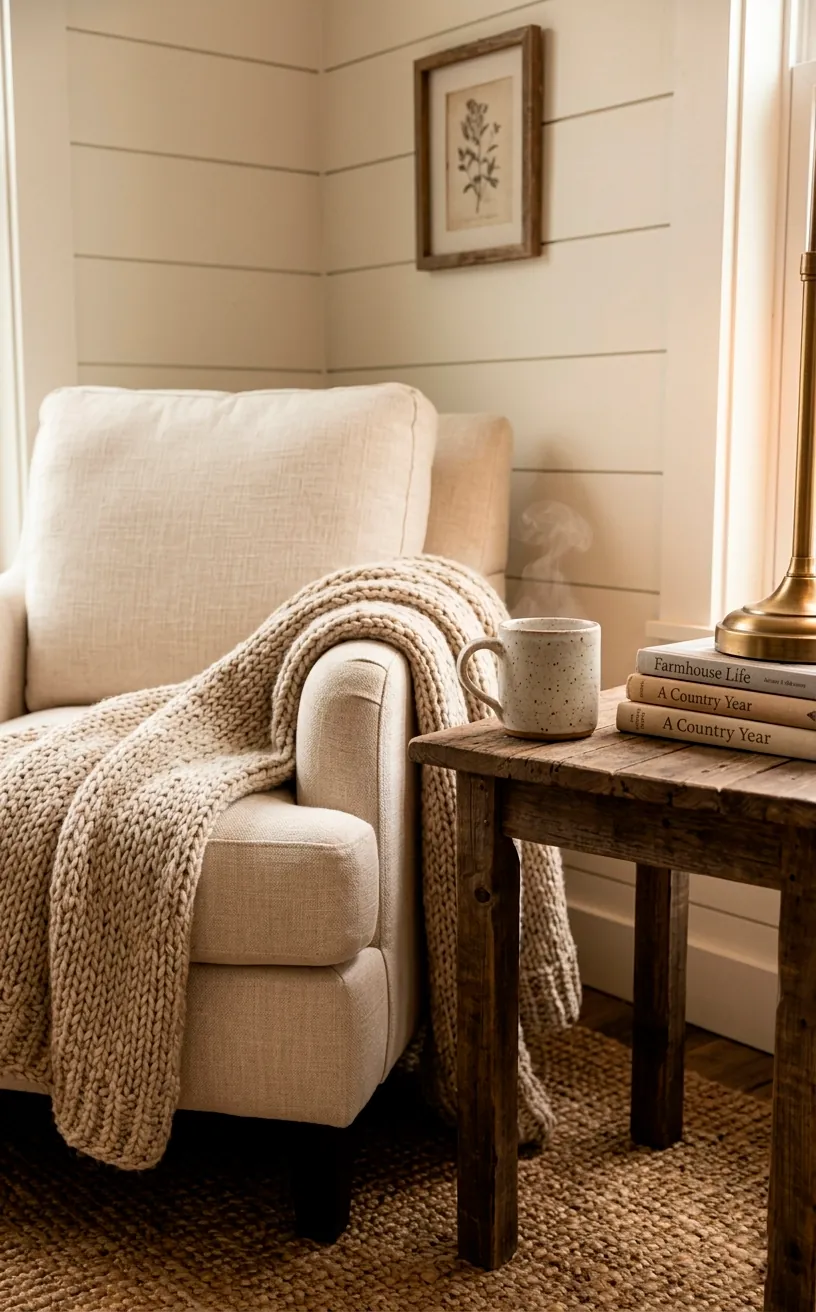Cream armchair with knit throw in a cozy farmhouse nook.