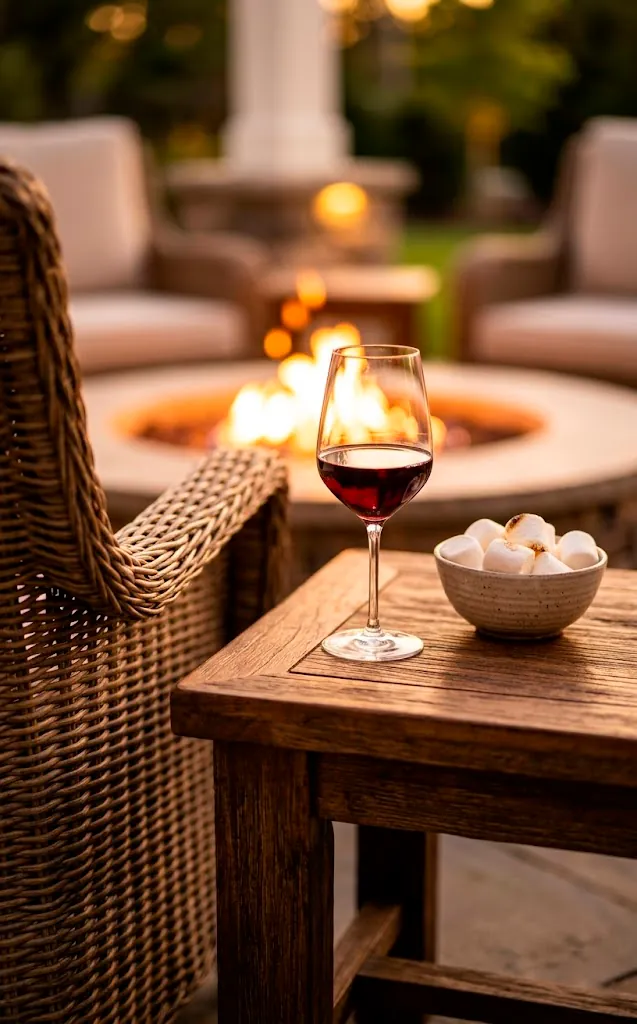 Close-up of outdoor furniture with wine and snacks near a glowing fire pit.