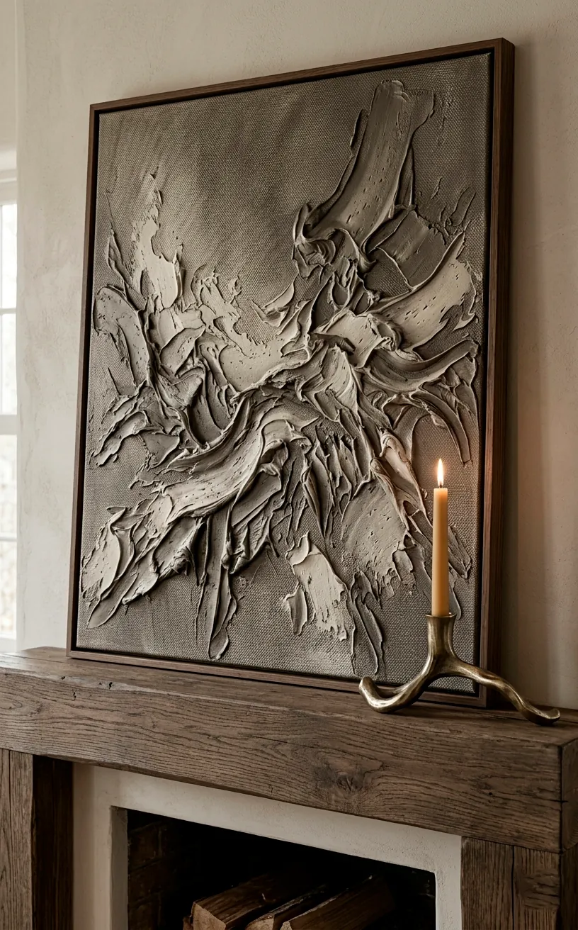 Close-up of thick white paint textures on a canvas above a fireplace mantel with a brass candle holder.