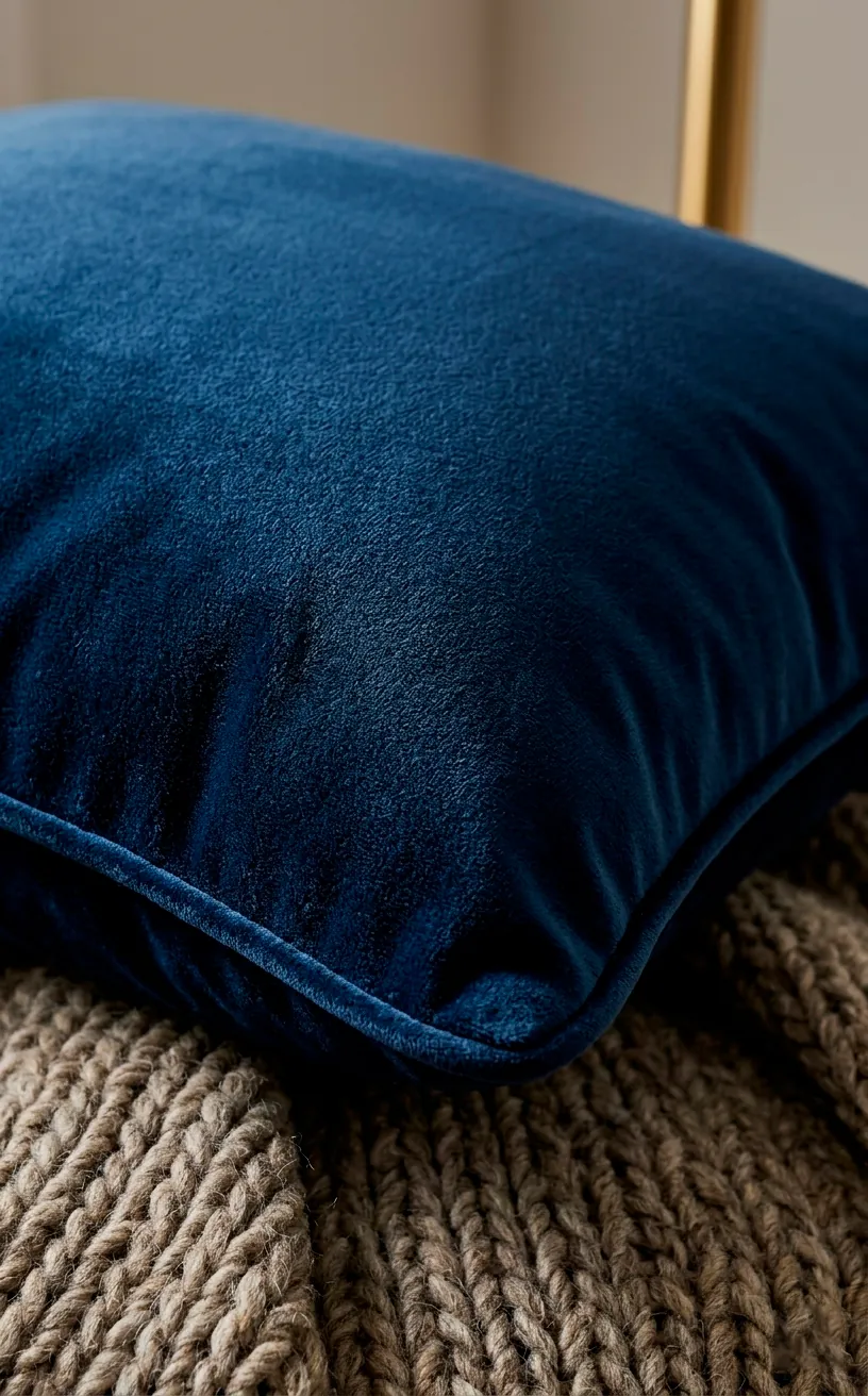 Close up detail of navy velvet fabric texture and piping on a luxury throw pillow.
