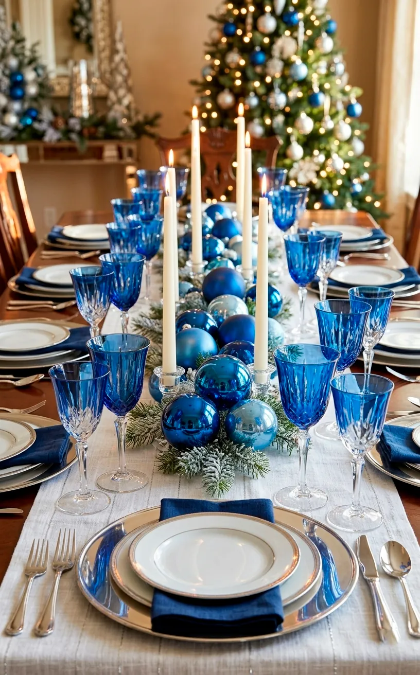 Elegant holiday table setting featuring sapphire blue glassware and silver accents for a winter theme.