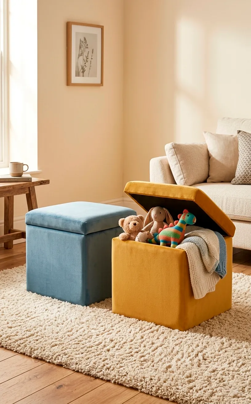 Two colorful velvet storage ottomans in a kids room holding stuffed toys.