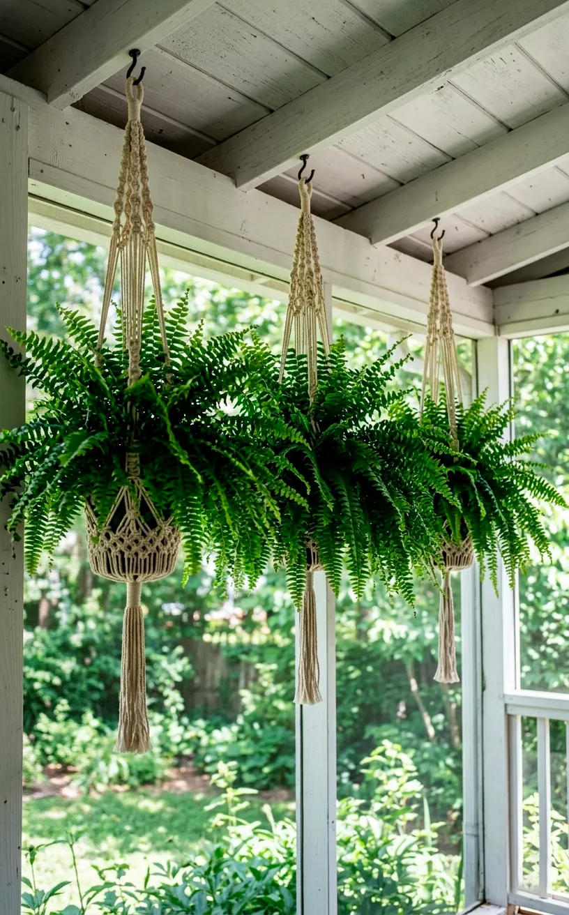 Lush Boston Ferns in macrame hangers on a screened porch.