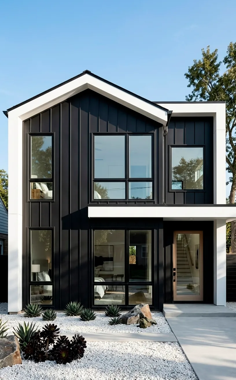 Modern black house with white trim and sharp geometric windows in daylight.
