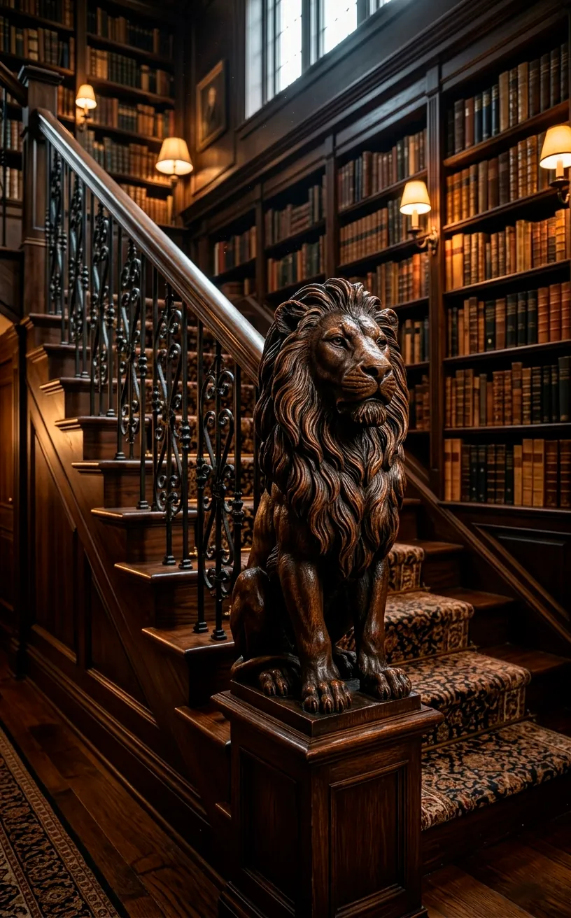 Custom hand-carved lion figure used as a newel post on a dark oak traditional staircase.