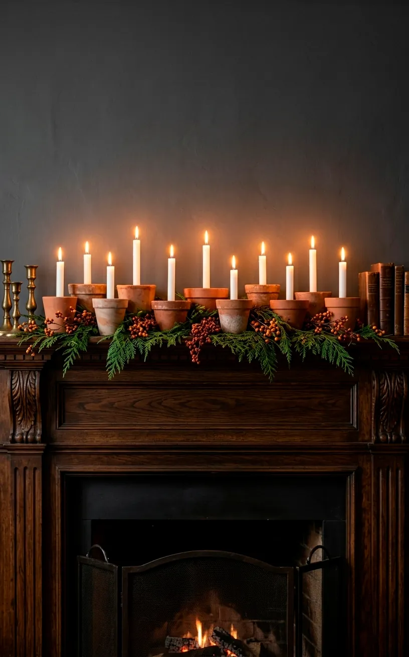 Terracotta pots used as taper candle holders on a decorated Christmas mantel.
