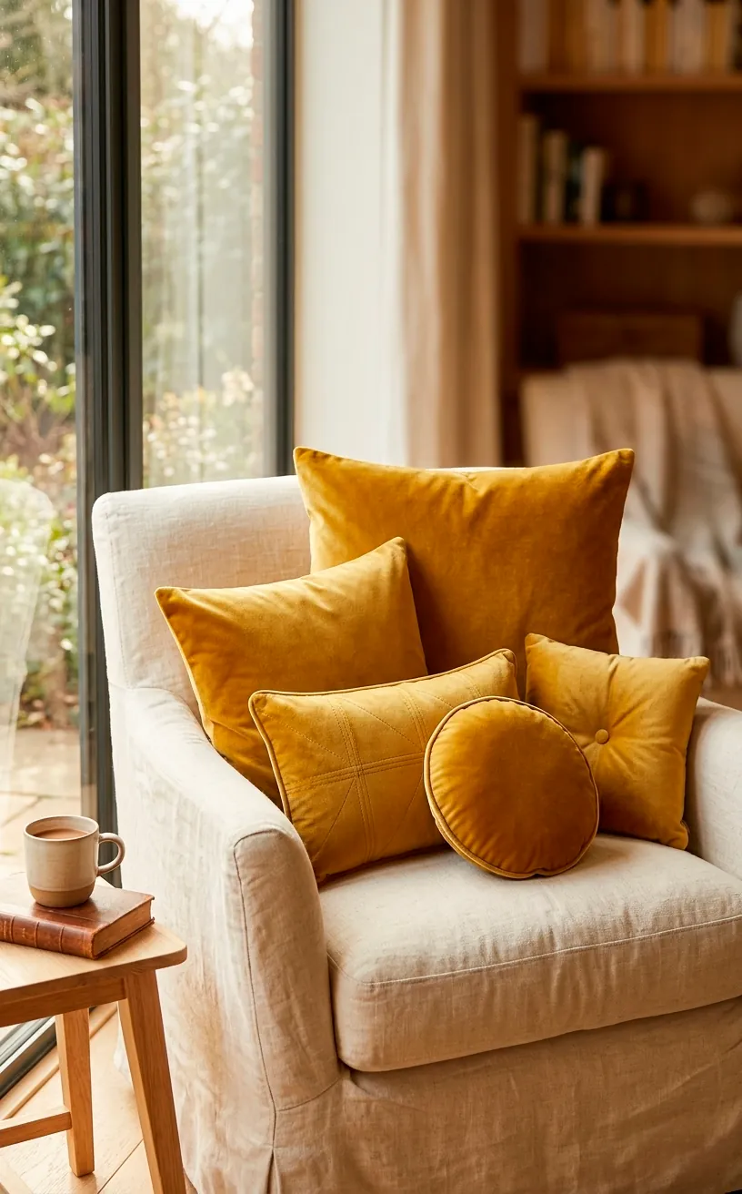 Mustard yellow velvet pillows of different sizes arranged on a neutral armchair.