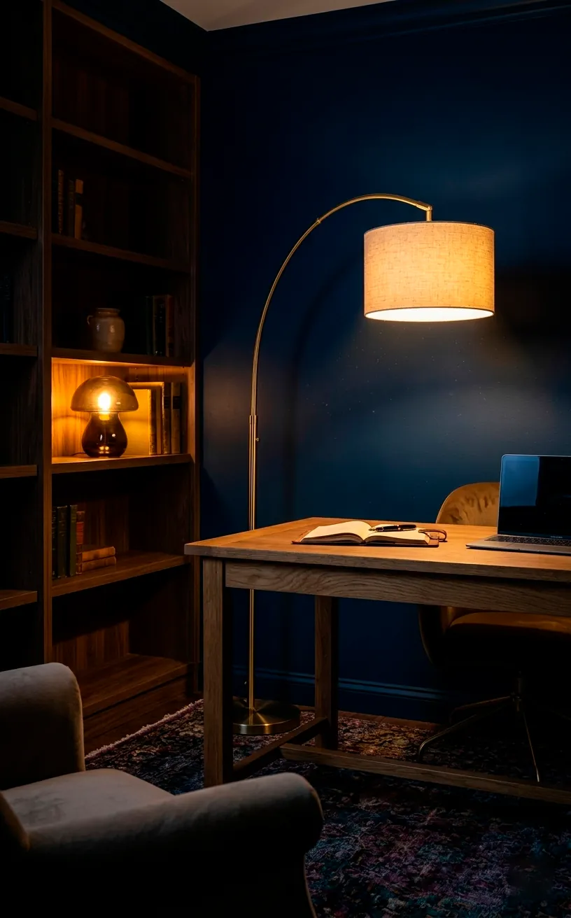 Home office illuminated by warm arc and mushroom lamps creating a golden glow.