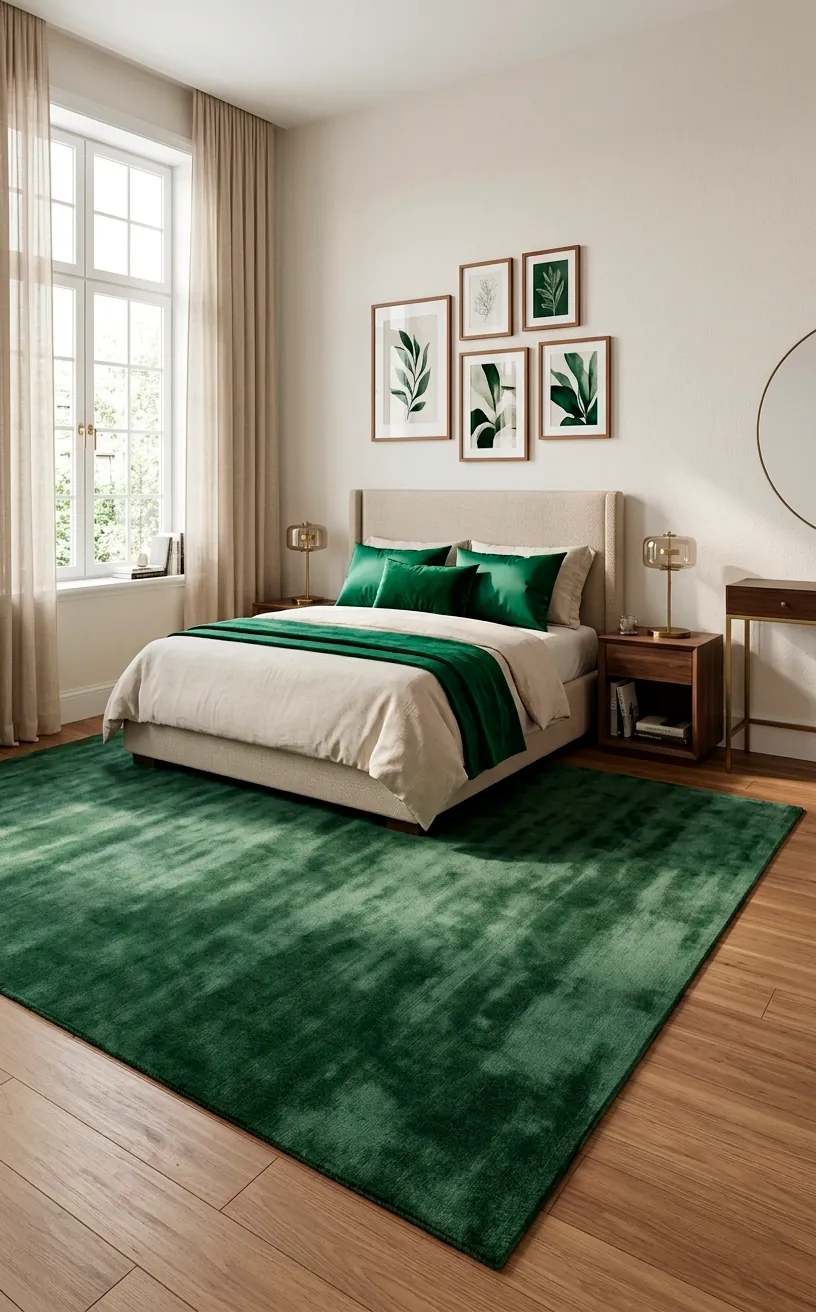 Sophisticated bedroom with a shimmering forest green silk-blend rug and emerald accents.