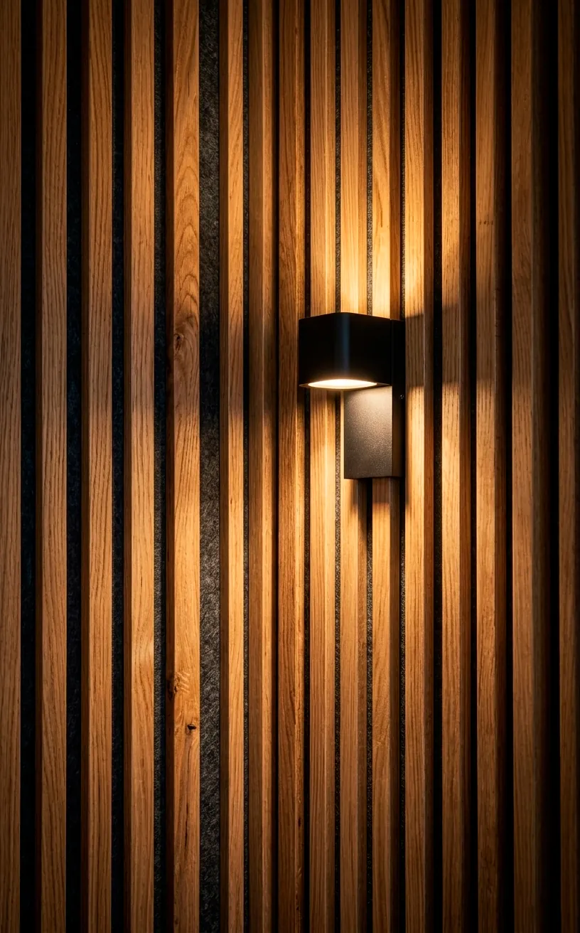 Close-up detail of wooden wall slats and a minimalist black light fixture.