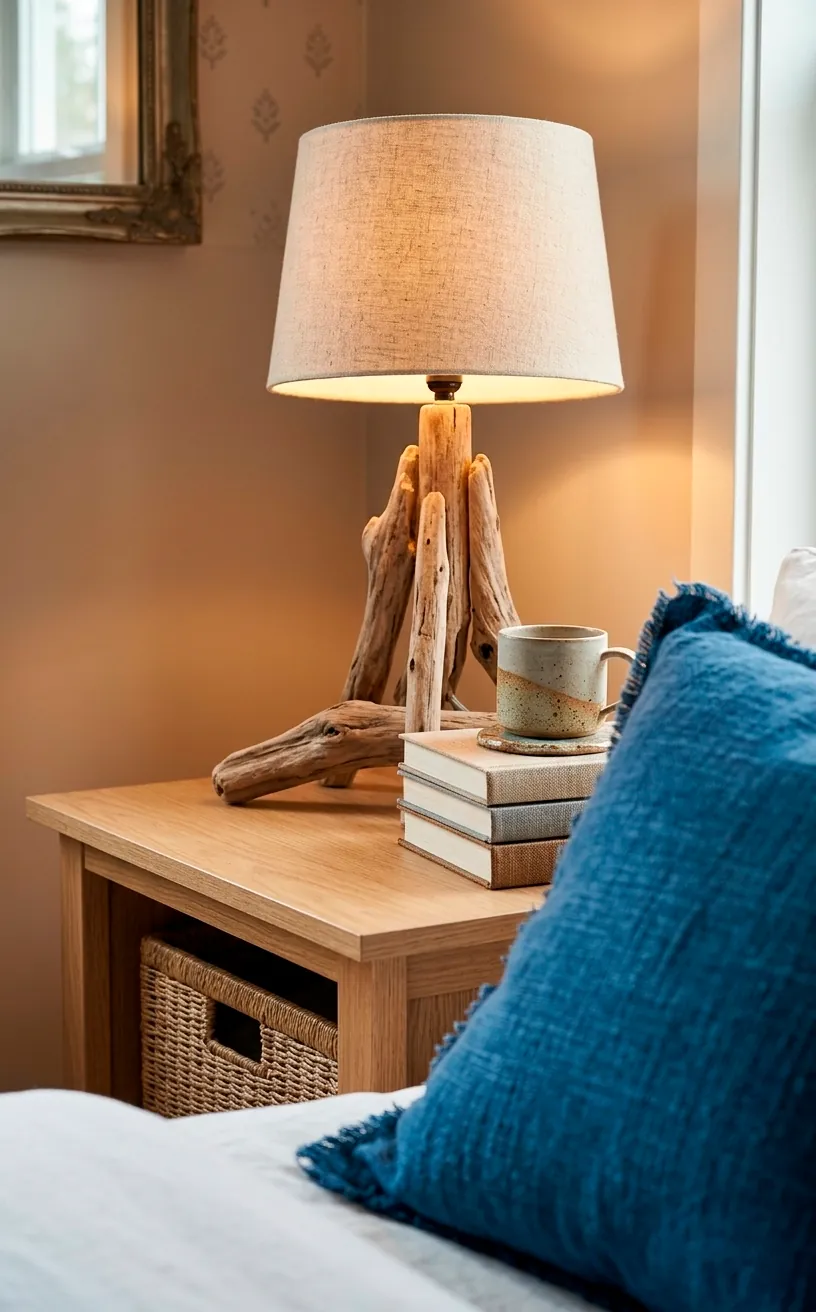 Close-up of a driftwood lamp on a nightstand in a seaside themed guest room.