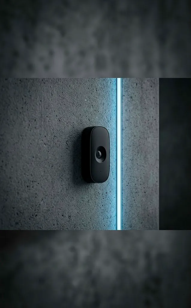 Close-up of a minimalist smart wall sensor and integrated LED lighting strip in a modern home.