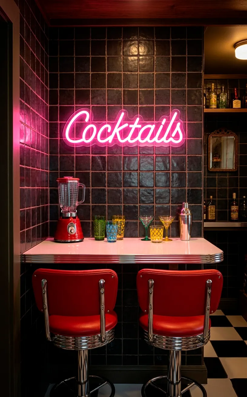 Neon cocktail sign and red vinyl stools in a retro diner-style home bar.