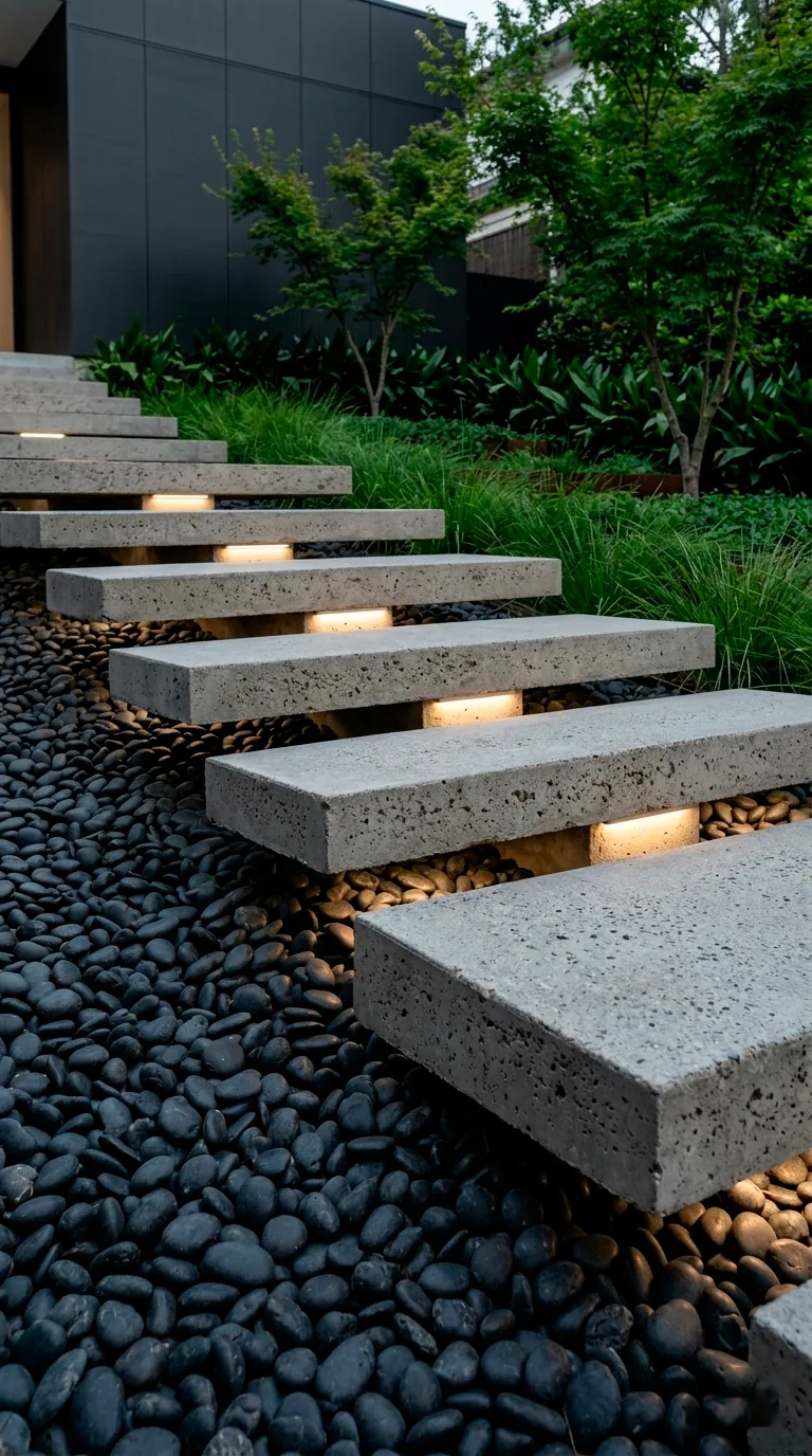 Floating concrete garden steps over black river stones with under-lighting.