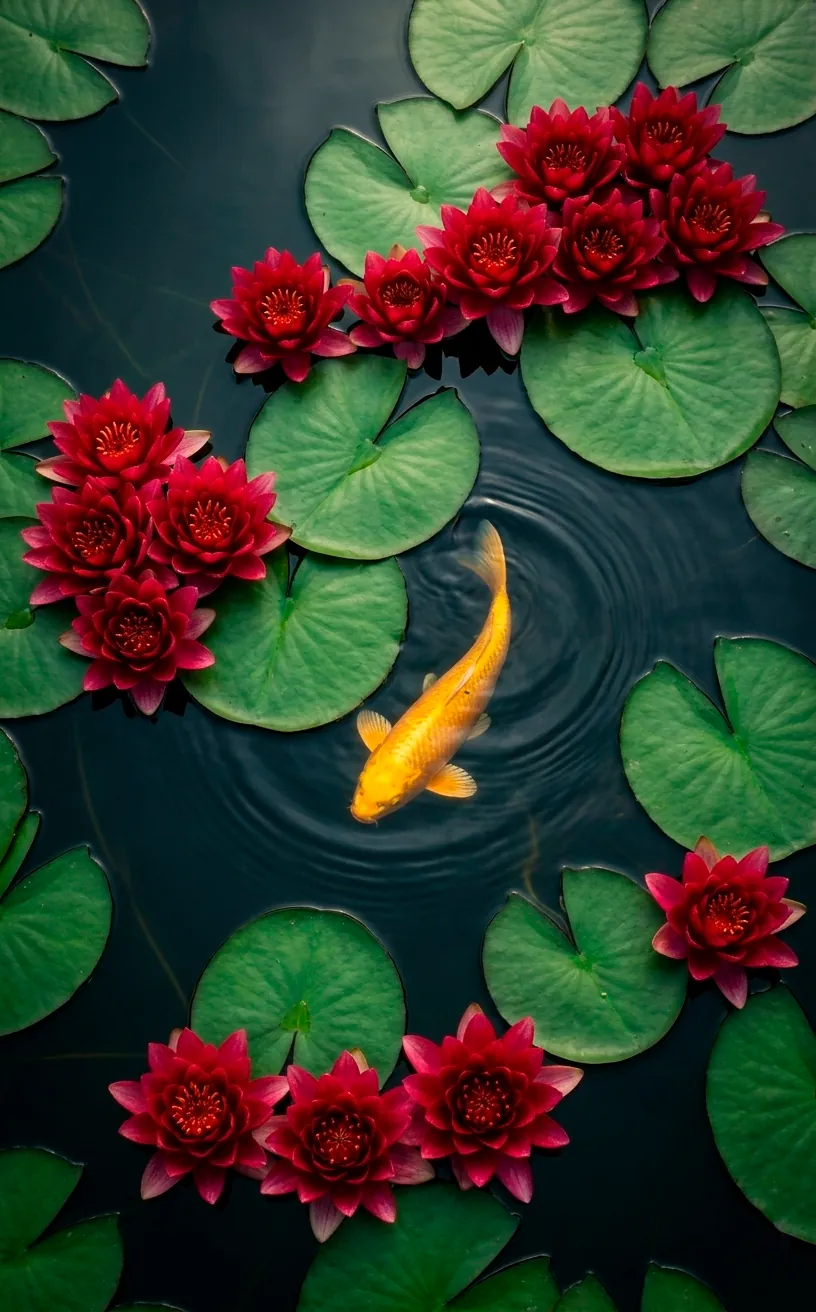 Deep red water lilies on a pond with a gold koi fish swimming underneath the lily pads.