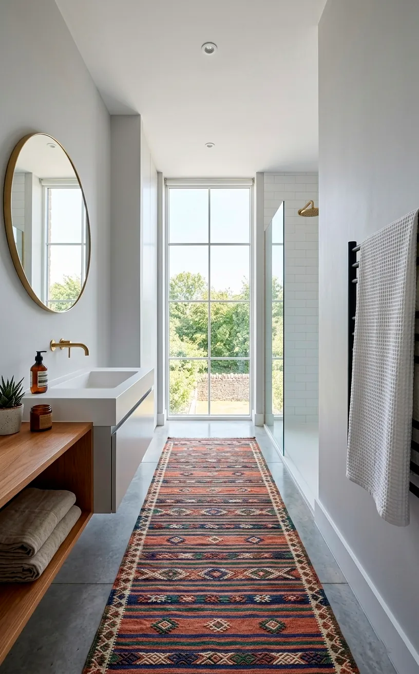 Striped kilim rug in a narrow modern bathroom helping to expand the visual space.