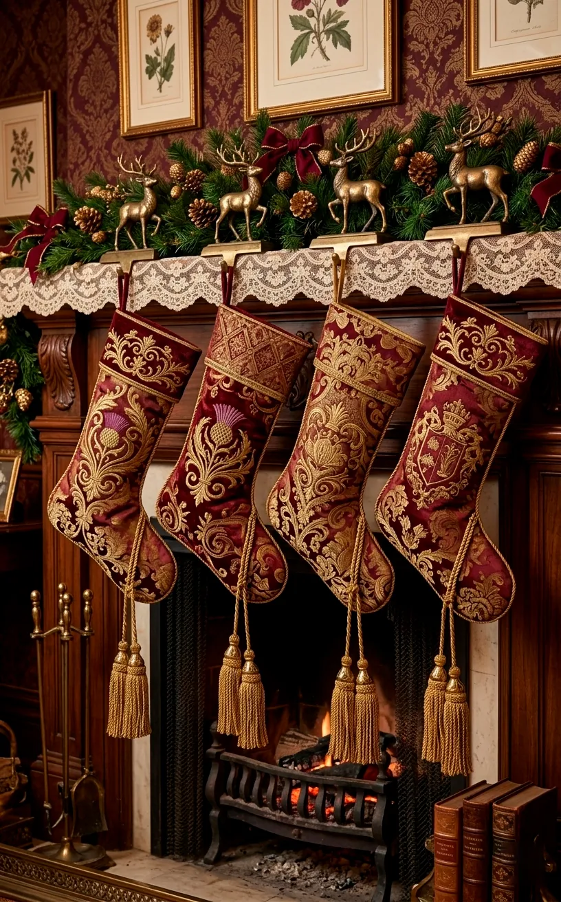 Brocade Christmas stockings with tassels hanging from a Victorian fireplace.
