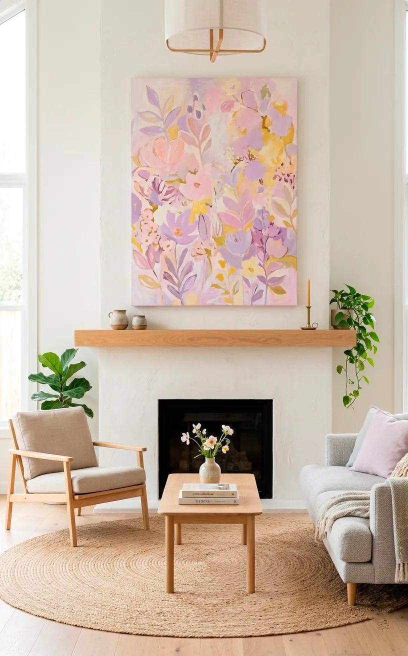 Large pastel floral abstract painting above a light wood fireplace mantel.