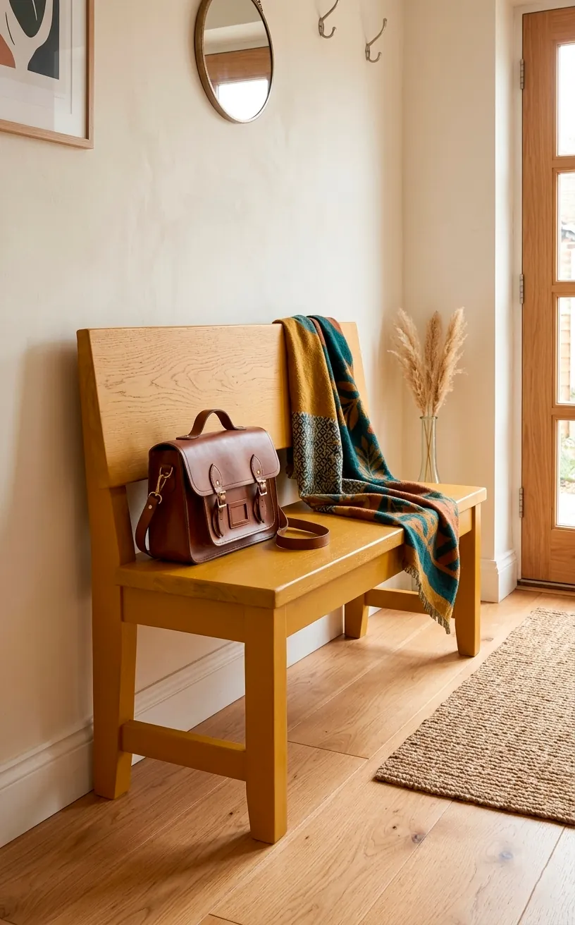 Mustard yellow wooden bench in a bright and welcoming home entryway.
